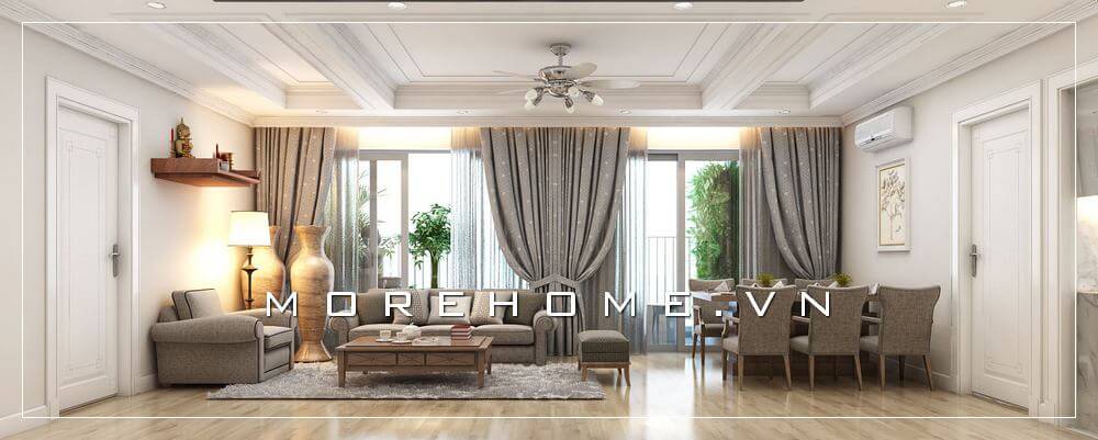 Mẫu thiết kế nội thất phòng khách tân cổ điển cho biệt thự với tông màu nội thất ghi xám kết hợp nền tường màu trắng man vẻ đẹp sang trọng đẳng cấp.